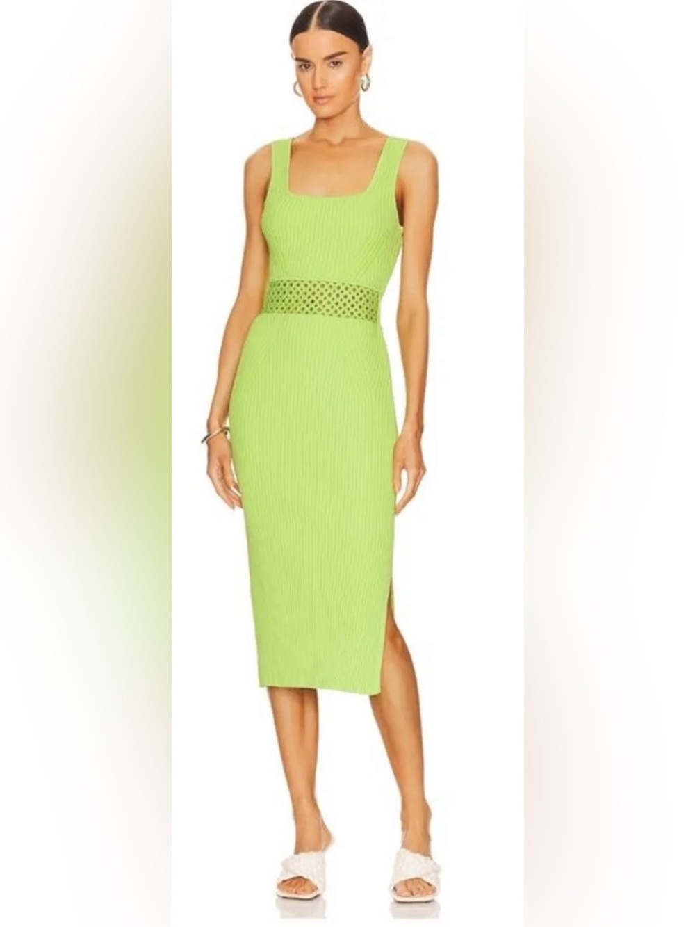 House of Harlow 1960 Lime Green Ribbed Midi Dress with Waist Lattice
